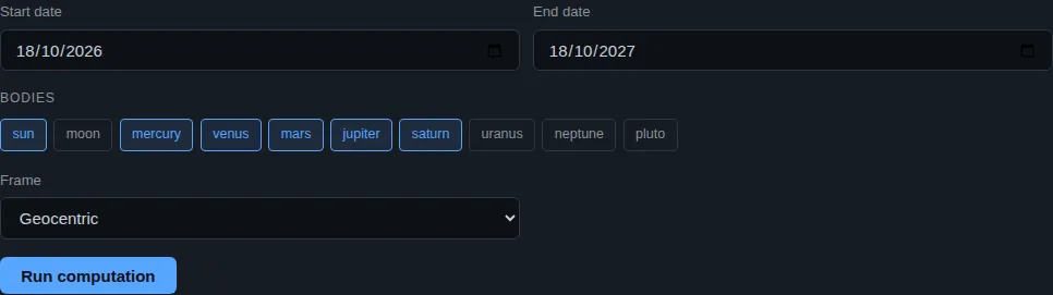 The Crohamhurst ingress form with start and end dates, ten body chips and a geocentric frame selector