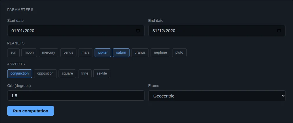 Crohamhurst ephemeris form with Jupiter and Saturn selected, conjunction ticked, dates 1 January to 31 December 2020