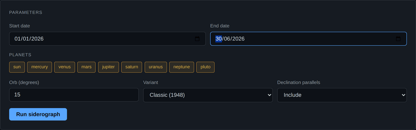 The Bradley siderograph input form showing date range, planet checkboxes, orb, variant and declination controls