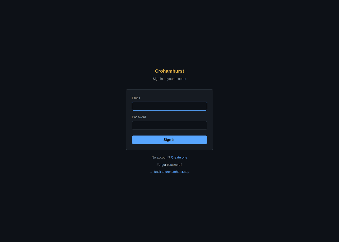 The Crohamhurst sign-in screen with email and password fields